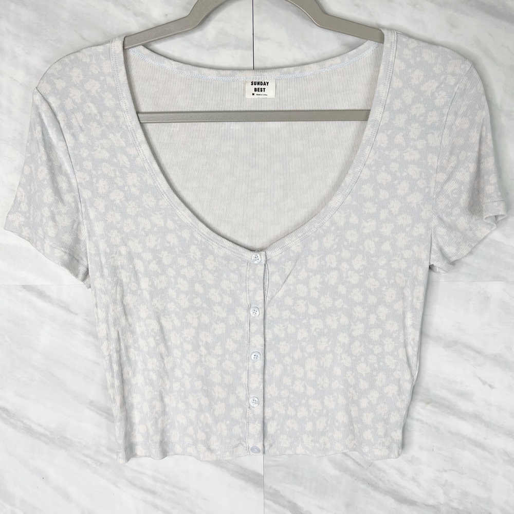 Aritzia Sunday Best Holly Ribbed Blue Floral Top Medium